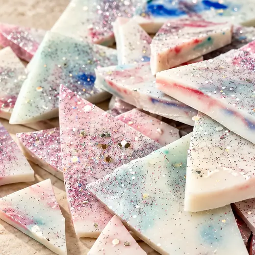 Hand-poured wax brittle pieces with glitter