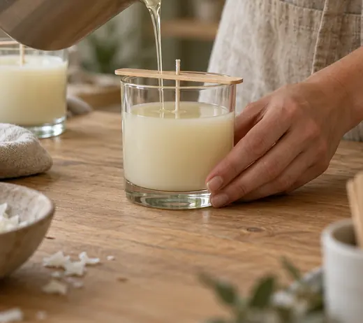 Soy wax being poured into a candle jar